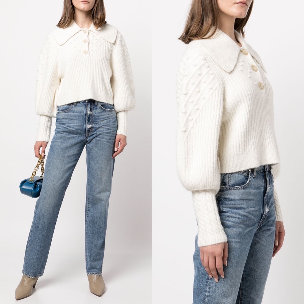 Nwt Jonathan Simkhai Jasmine Alpaca Ribbed Henley M Cream Cable Knit Polo Boucle